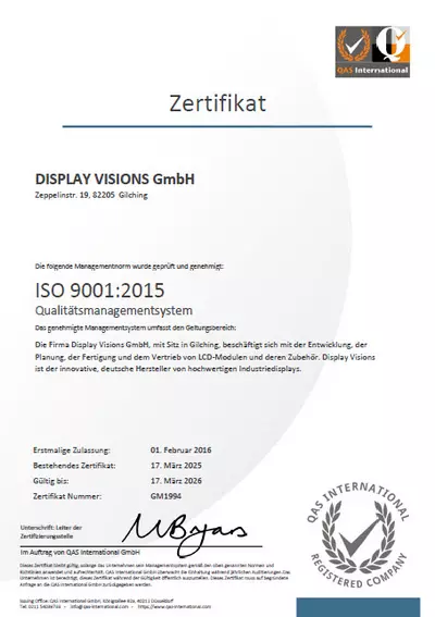 Zertifiziertes Qualitätsmanagement-System gemäß ISO9001:2015