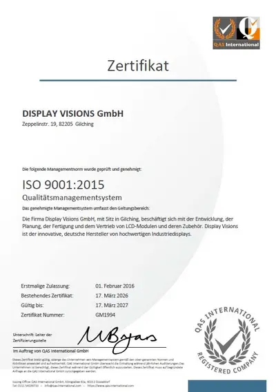 Zertifiziertes Qualitätsmanagement-System gemäß ISO9001:2015
