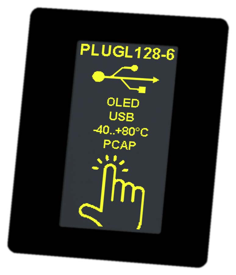 Interaktive HMI Display Module als OLED mit USB, RS232, I²C und SPI. Inkl. Touchpanel PCAP für Industrie, Automotive und Medizintechnik