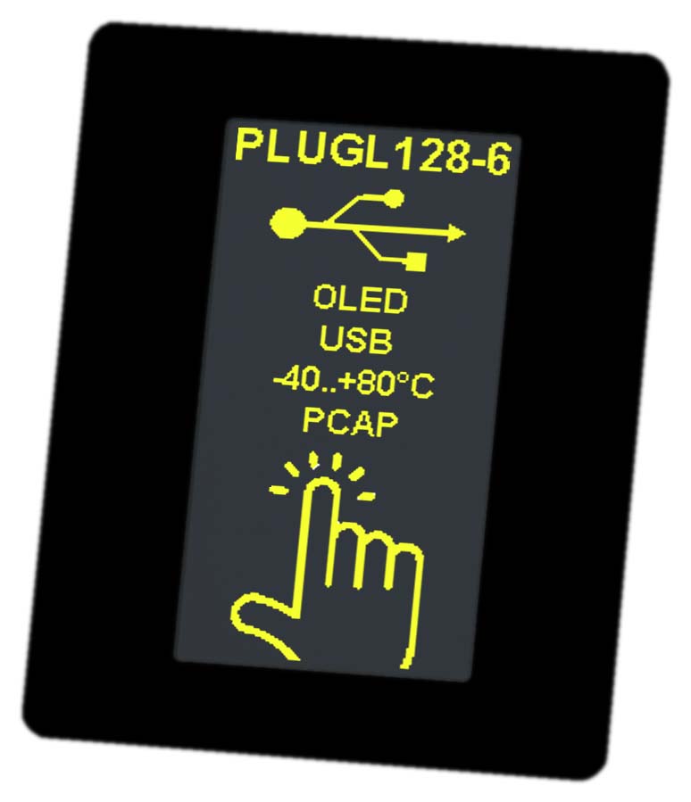 HMI Character Modul Display als OLED mit USB, RS232, I²C und SPI. Inkl. Touchpanel PCAP für Industrie, Automotive und Medizintechnik